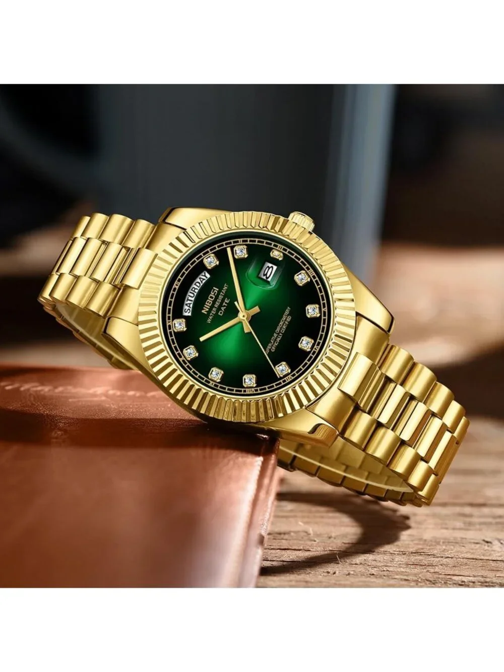 Nibosi Men's Gold Analog Quartz Stainless Green Face Waterproof Desiger Watch
